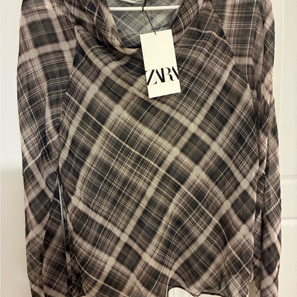 Zara Black and Gray Plaid Cowl Neck Sheer Top - Picture 2 of 3